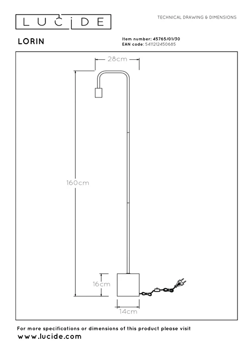 Lucide LORIN - Floor lamp - 1xE27 - Black - technical